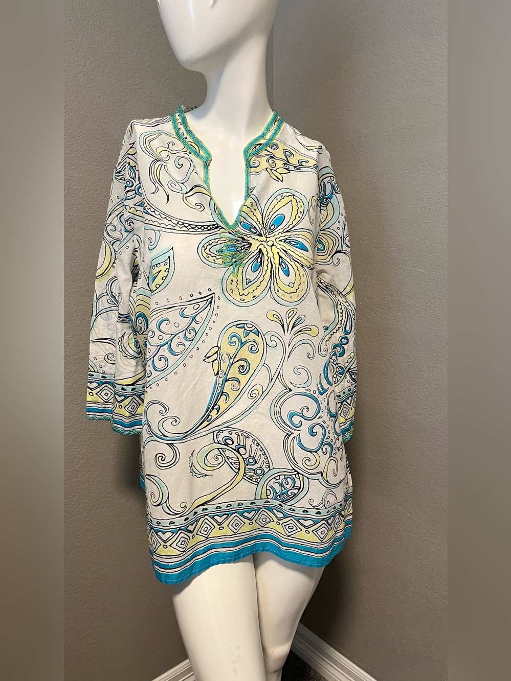Chico's Women’s Cotton White Multicolor Paisley 3/4 Sleeve Top Tunic Size 3 / L